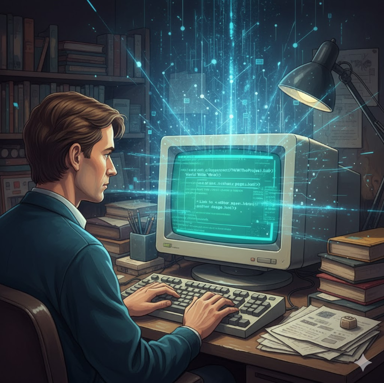 팀 버너스리가 최초의 웹 브라우저를 개발하는 모습을 상상한 일러스트.