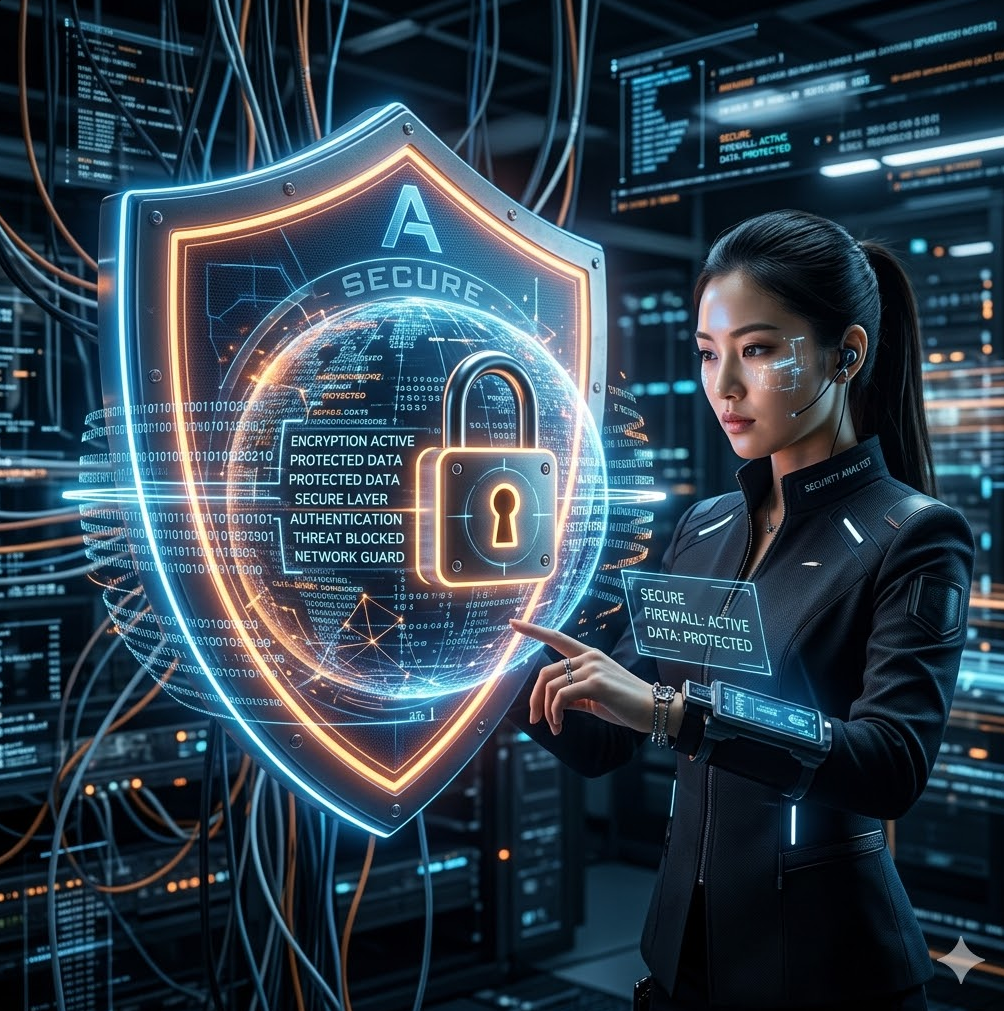 방패와 자물쇠 아이콘이 디지털 데이터를 감싸고 보호하는 사이버 보안 컨셉 