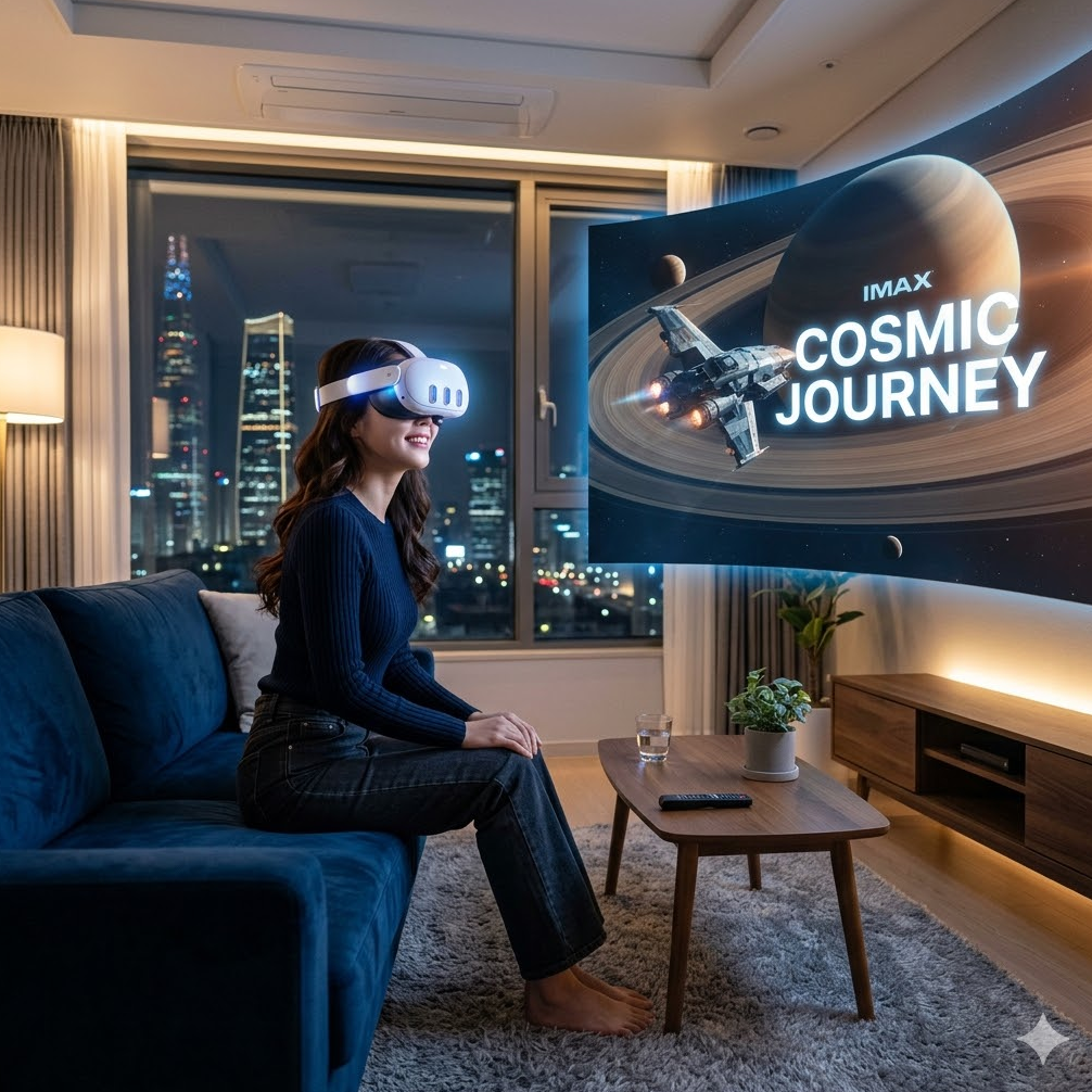 VR 헤드셋을 착용하고 거실에서 아이맥스급 대화면으로 콘텐츠를 즐기는 미래 시청 환경