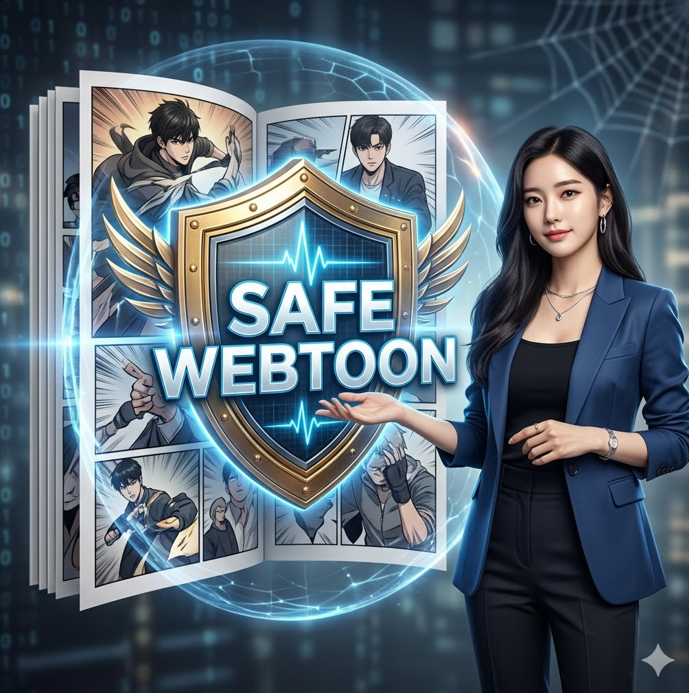 방패 아이콘이 웹툰 페이지를 감싸고 보호하는 모습과 함께 'SAFE WEBTOON' 문구가 적힌 보안 강조 방패 아이콘이 웹툰 페이지를 감싸고 보호하는 모습과 함께 'SAFE WEBTOON' 문구가 적힌 보안 강조