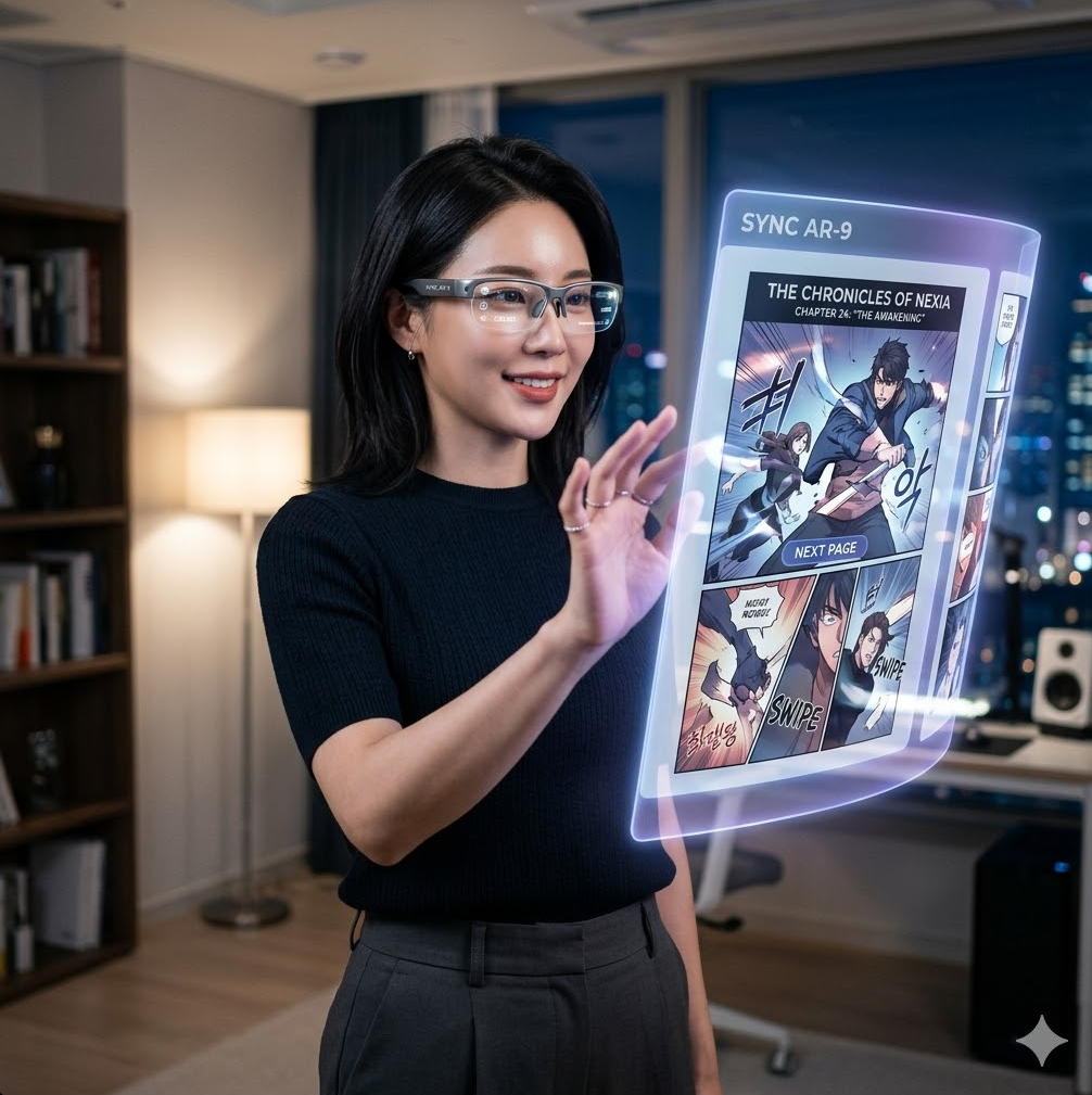 :"미래형 미래형 스마트 안경을 쓰고 공중에 띄워진 가상 웹툰 캔버스를 손으로 넘기며 시청하는 모습의 테크니컬