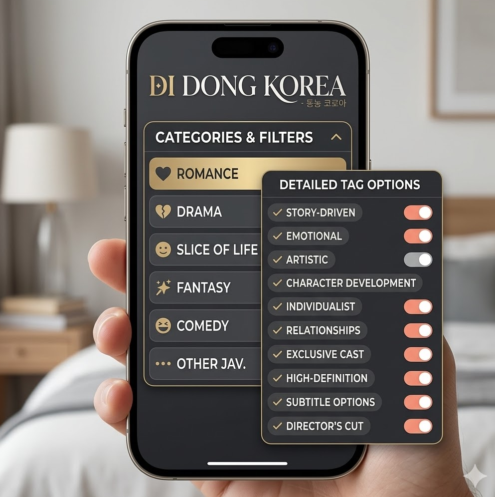 카테고리·필터 메뉴 스크린샷, 장르 목록과 세부 태그 옵션이 펼쳐진 화면