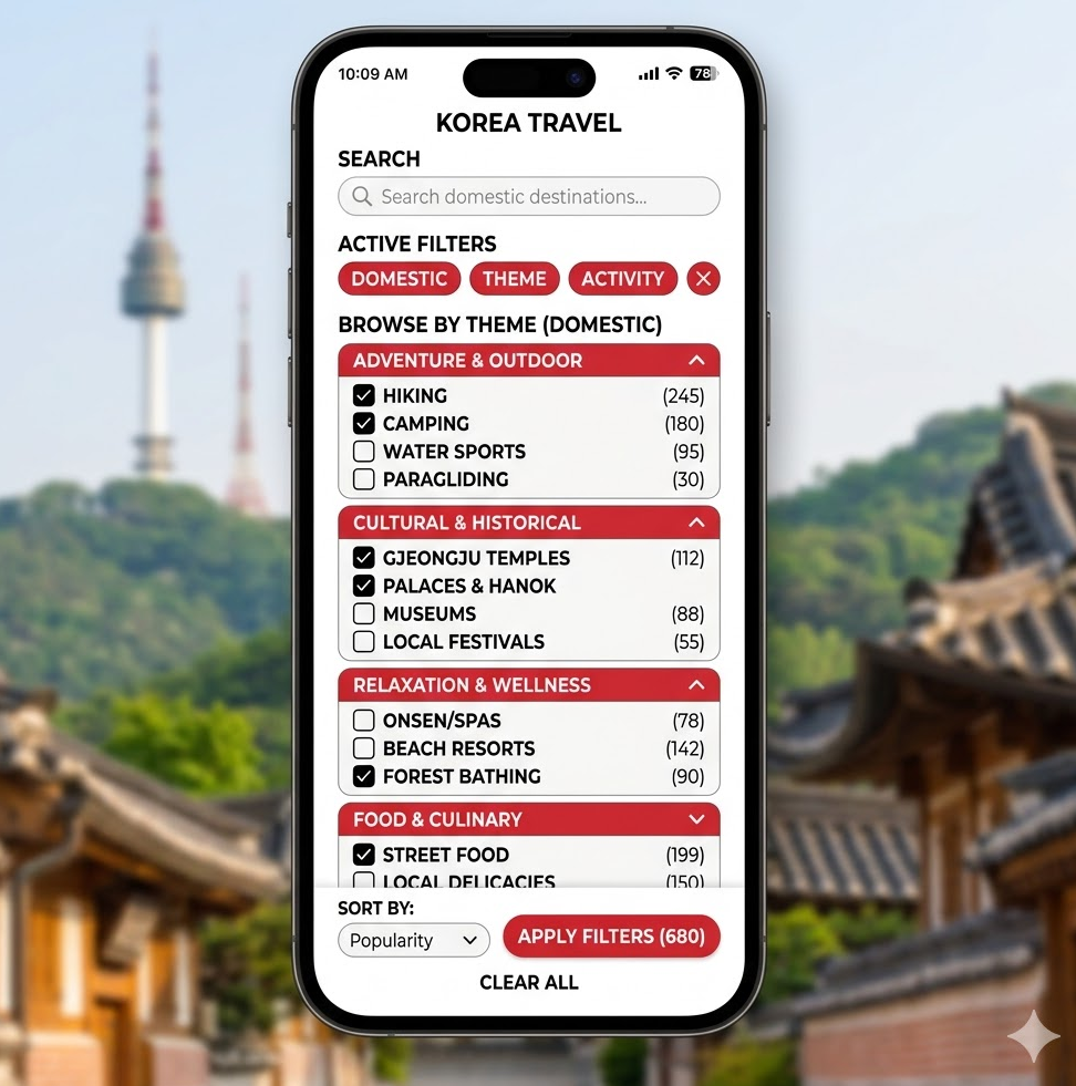 필터·태그 메뉴 스크린샷, 국내 테마 목록과 세부 옵션이 펼쳐진 검색 화면